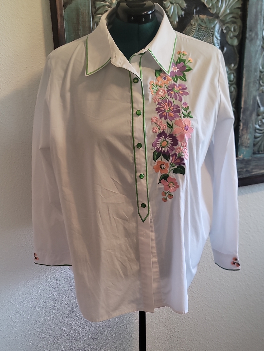 Bob Mackie White Blouse with Pink, Purple and Green Floral Embroidery